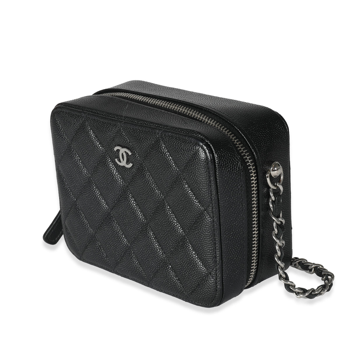 Black Quilted Caviar Square Zip Around Camera Bag