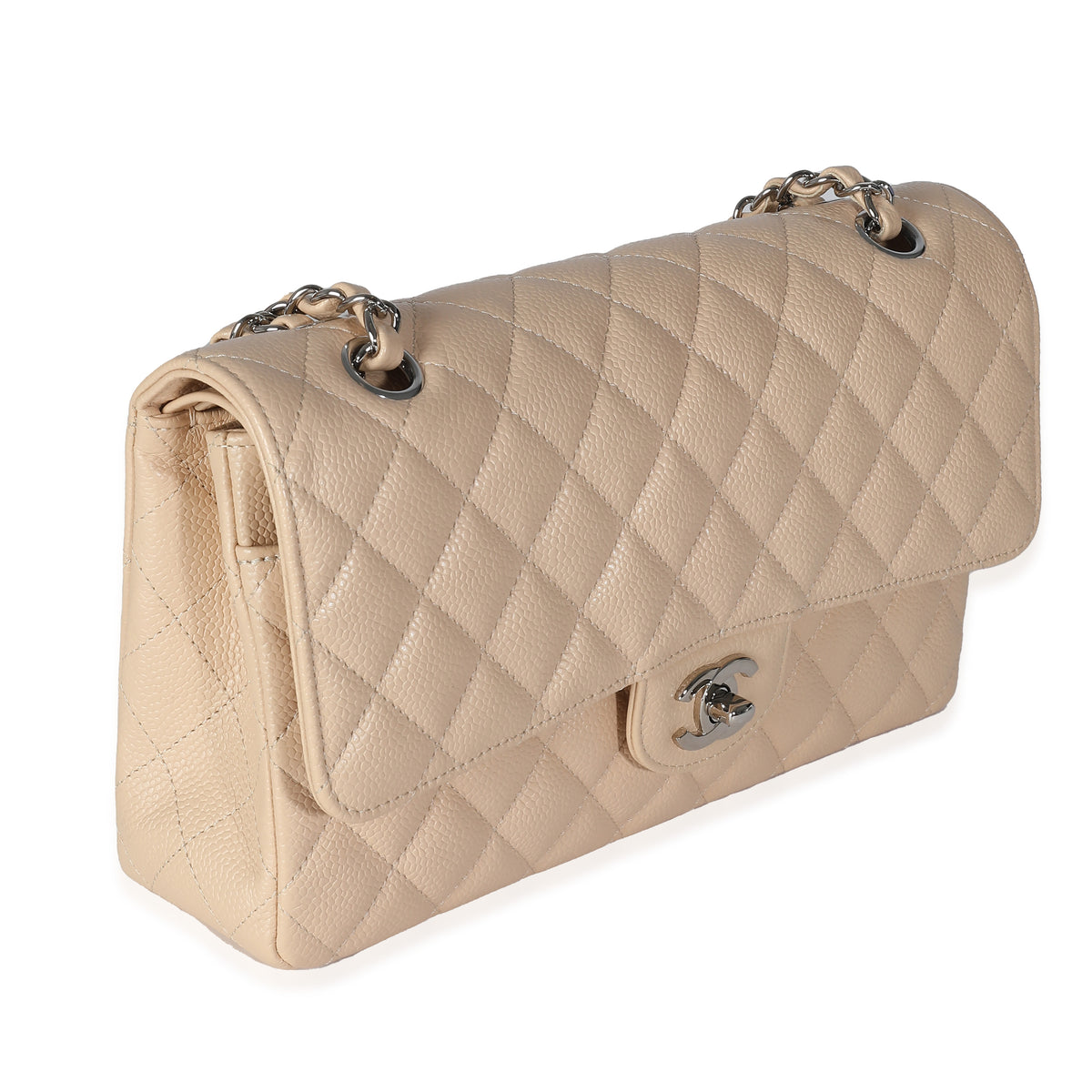 Beige Quilted Caviar Medium Classic Double Flap Handbag