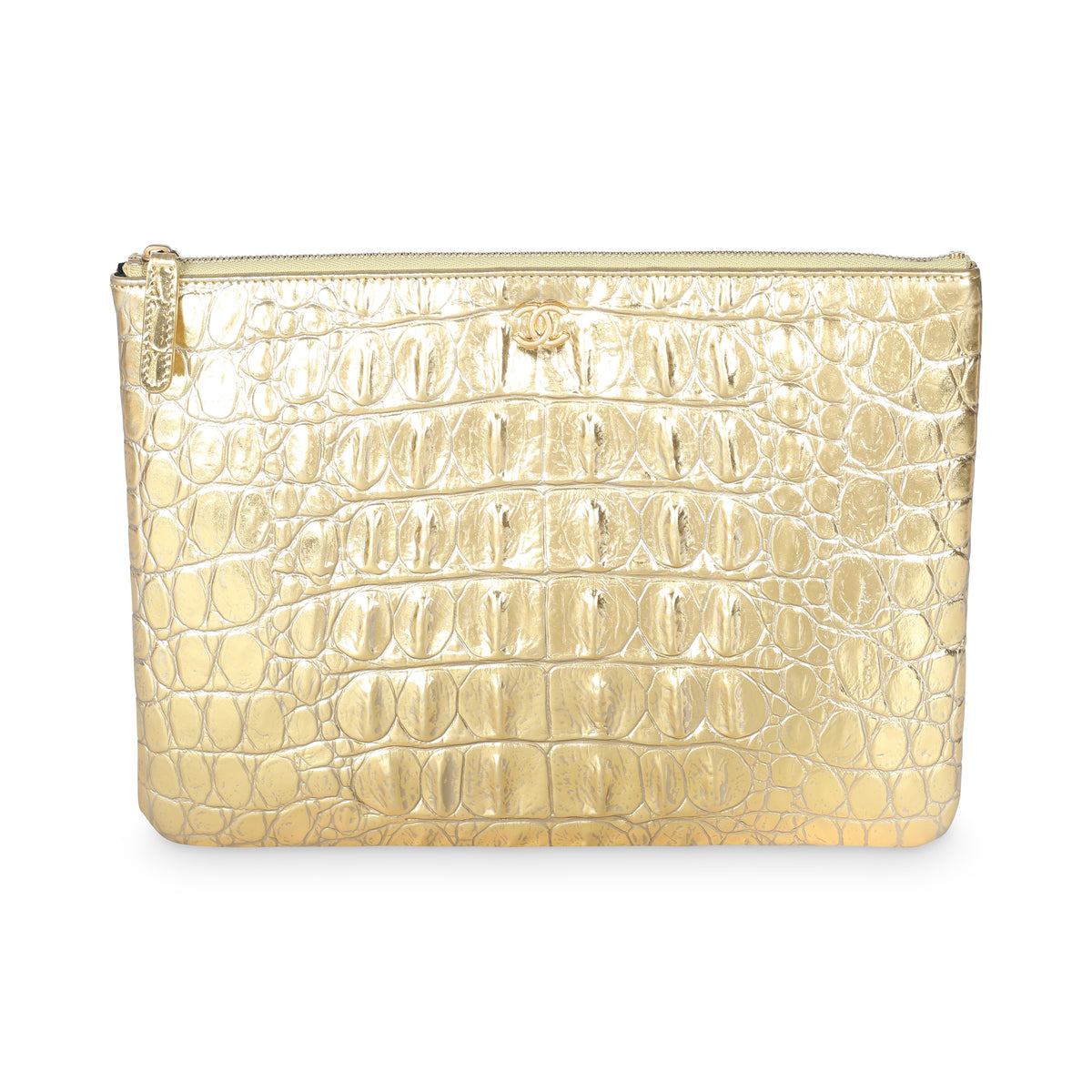 Gold Metallic Crocodile Embossed Calfskin Medium O Case Clutch