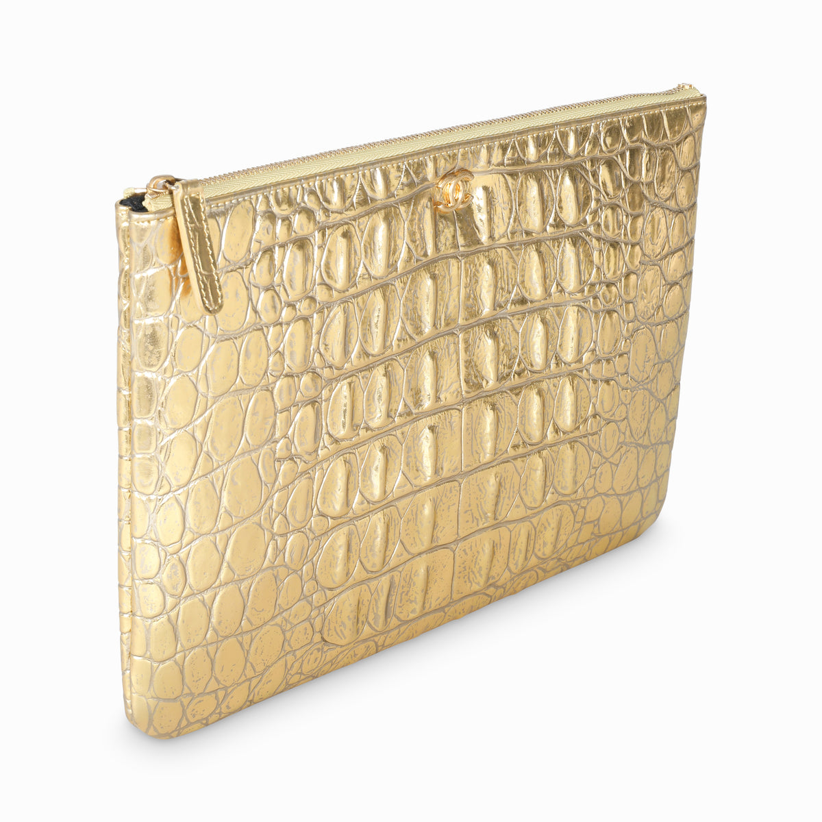 Gold Metallic Crocodile Embossed Calfskin Medium O Case Clutch