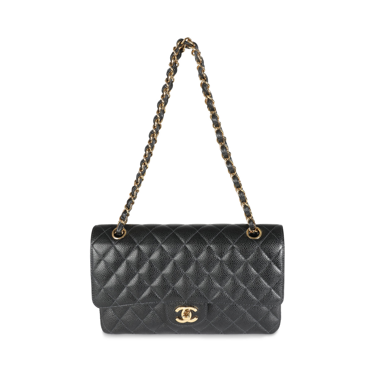 24K Black Quilted Caviar Medium Classic Double Flap Bag