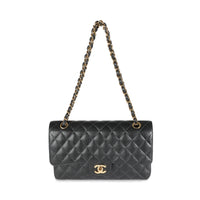 24K Black Quilted Medium Classic Double Flap Bag