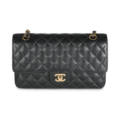 24K Black Quilted Caviar Medium Classic Double Flap Bag