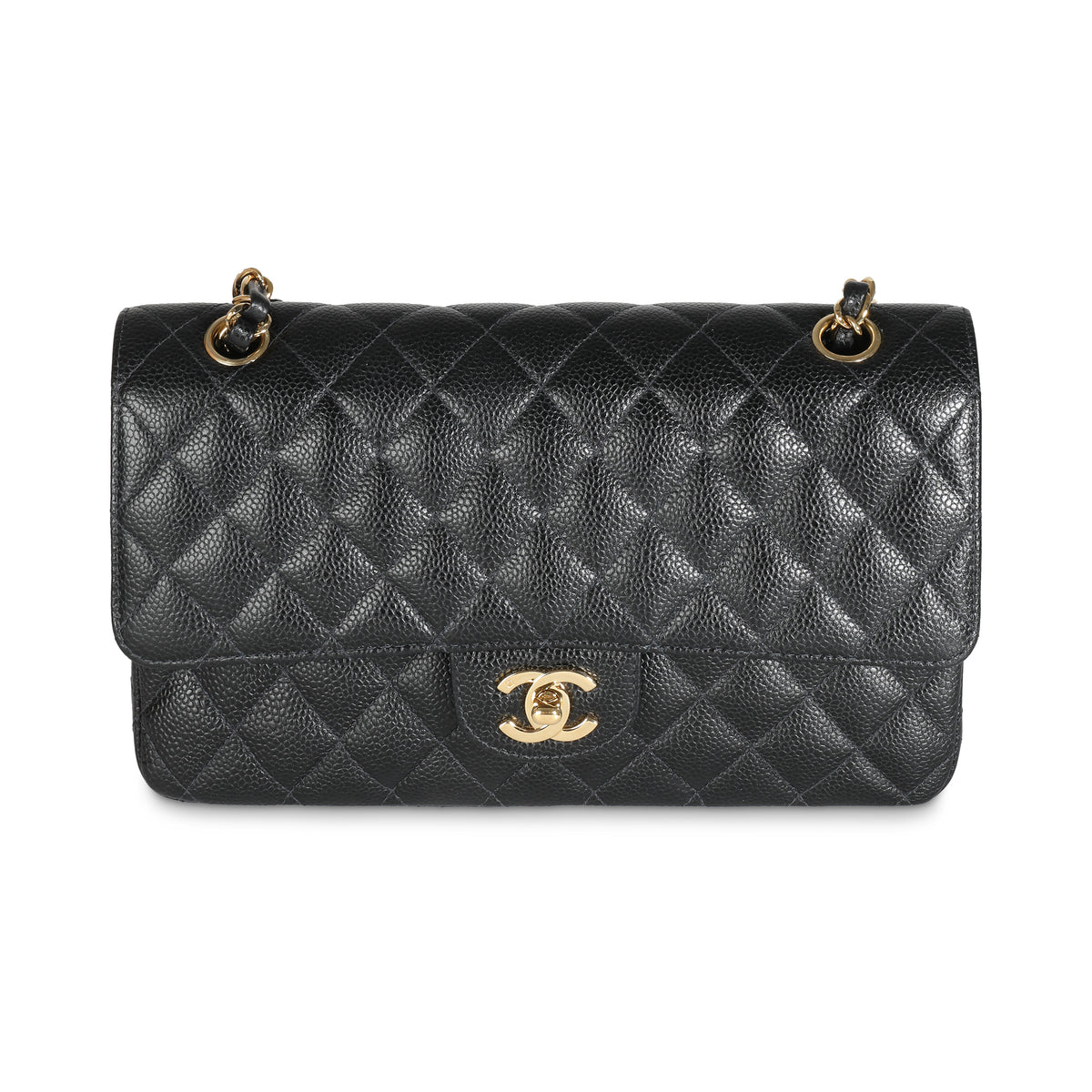 24K Black Quilted Medium Classic Double Flap Bag