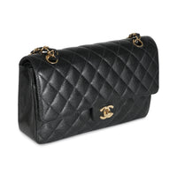 24K Black Quilted Caviar Medium Classic Double Flap Bag