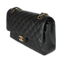 24K Black Quilted Caviar Medium Classic Double Flap Bag