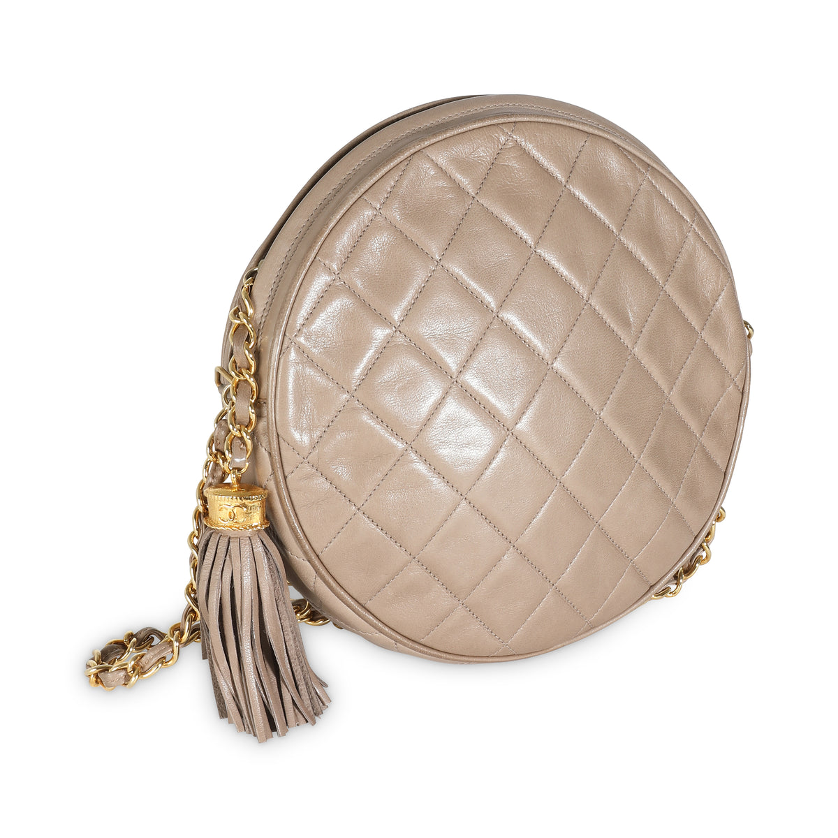 Beige Quilted Lambskin Round Tassel Chain Bag