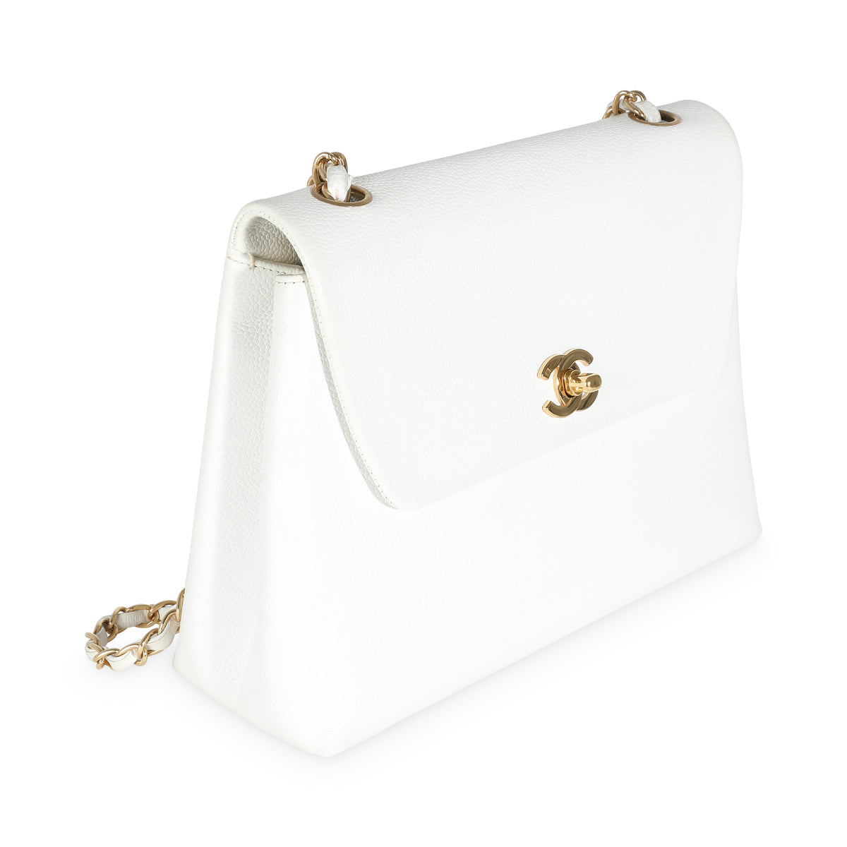 24K White Caviar Trapezoid Flap Bag