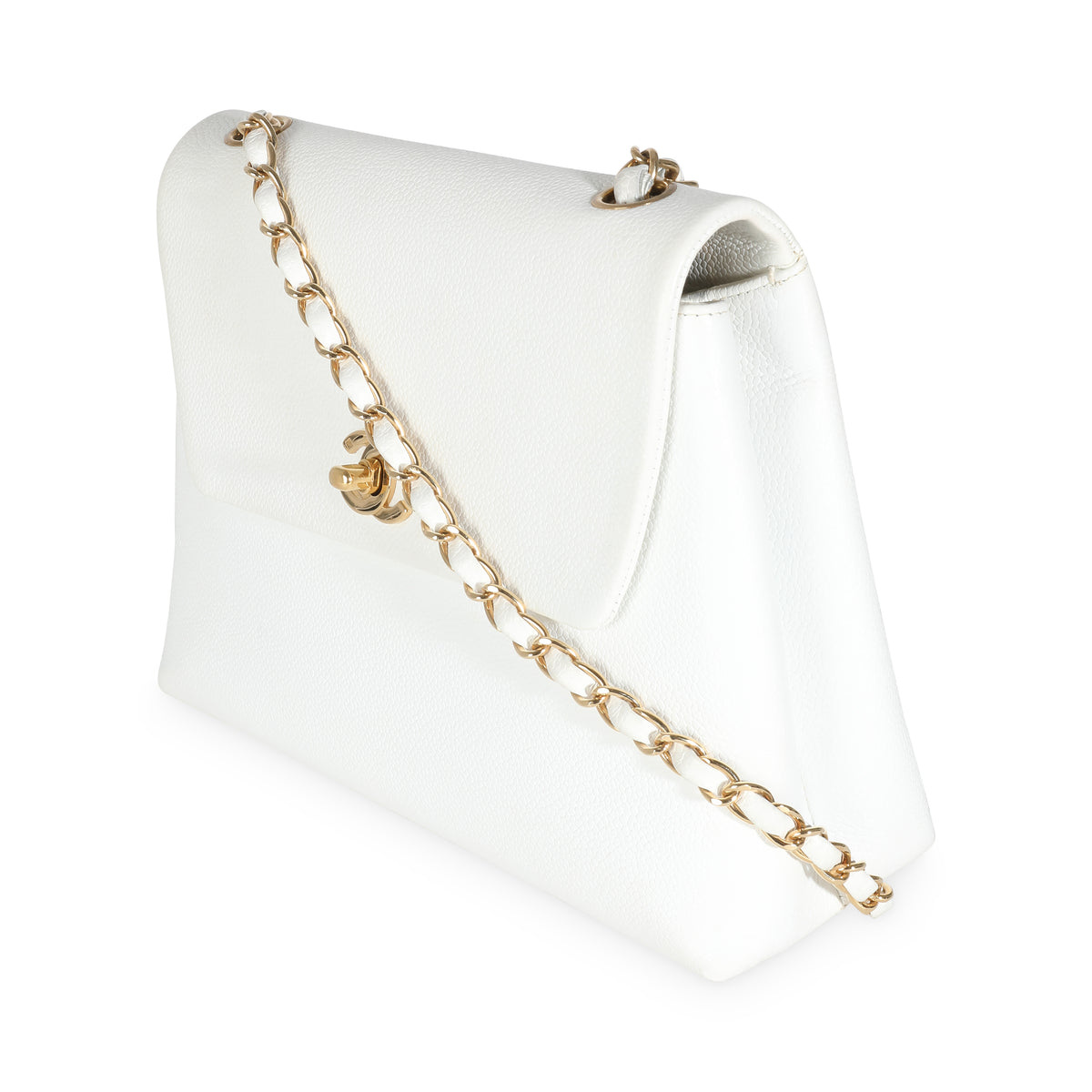 24K White Caviar Trapezoid Flap Bag