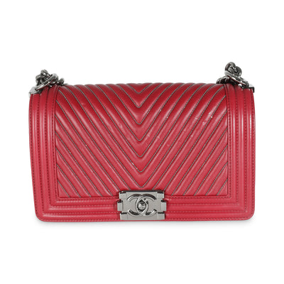 Chanel Burgundy Chevron Calfskin Chain Medium Boy Bag Handbag fv