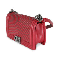 Chanel Burgundy Chevron Calfskin Chain Medium Boy Bag Handbag sv