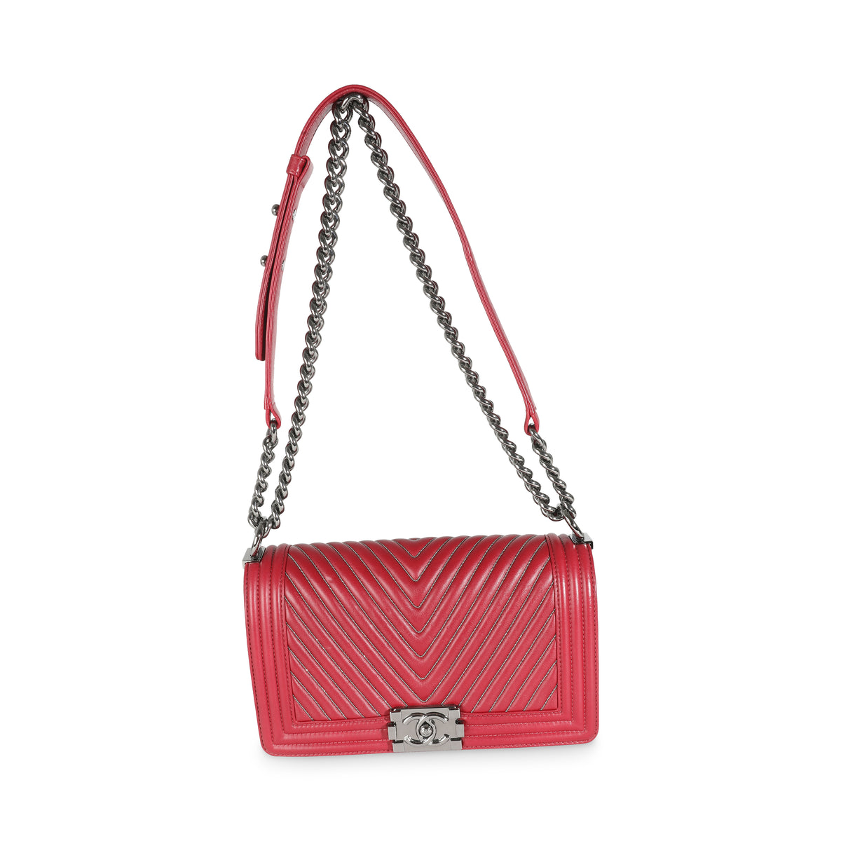 Chanel Burgundy Chevron Calfskin Chain Medium Boy Bag Handbag av