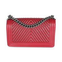 Chanel Burgundy Chevron Calfskin Chain Medium Boy Bag Handbag bv
