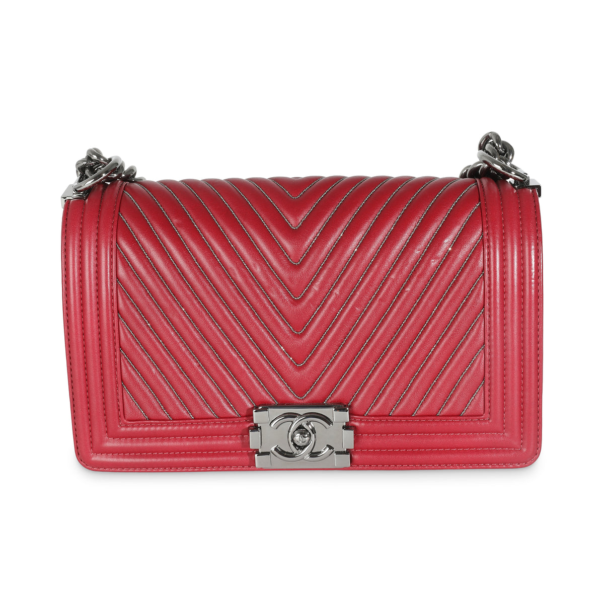Chanel Burgundy Chevron Calfskin Chain Medium Boy Bag Handbag fv