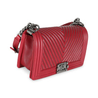 Chanel Burgundy Chevron Calfskin Chain Medium Boy Bag Handbag pv
