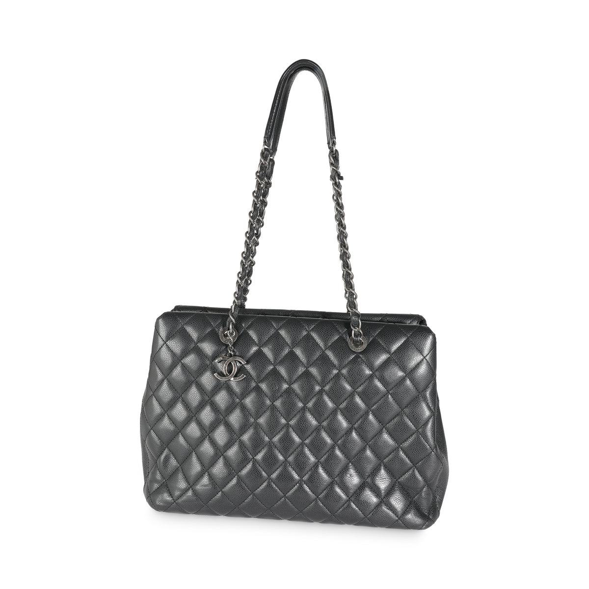 Black Quilted Caviar Large City Shopping Tote