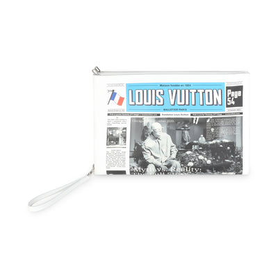 White Multicolor Calfskin Newspaper Print Pouch