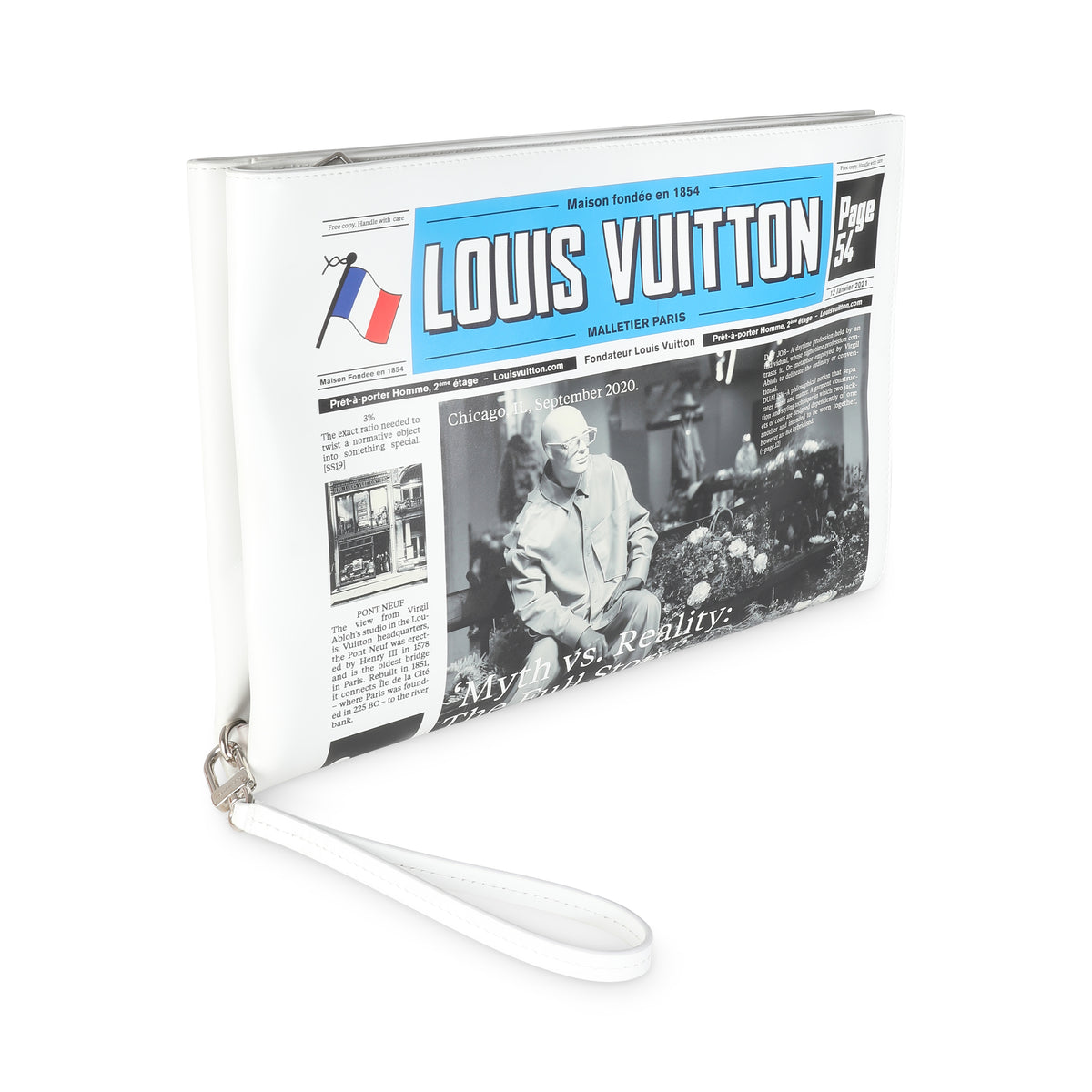 White Multicolor Calfskin Newspaper Print Pouch