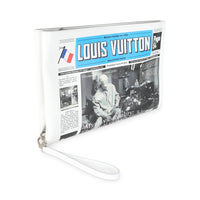 White Multicolor Calfskin Newspaper Print Pouch