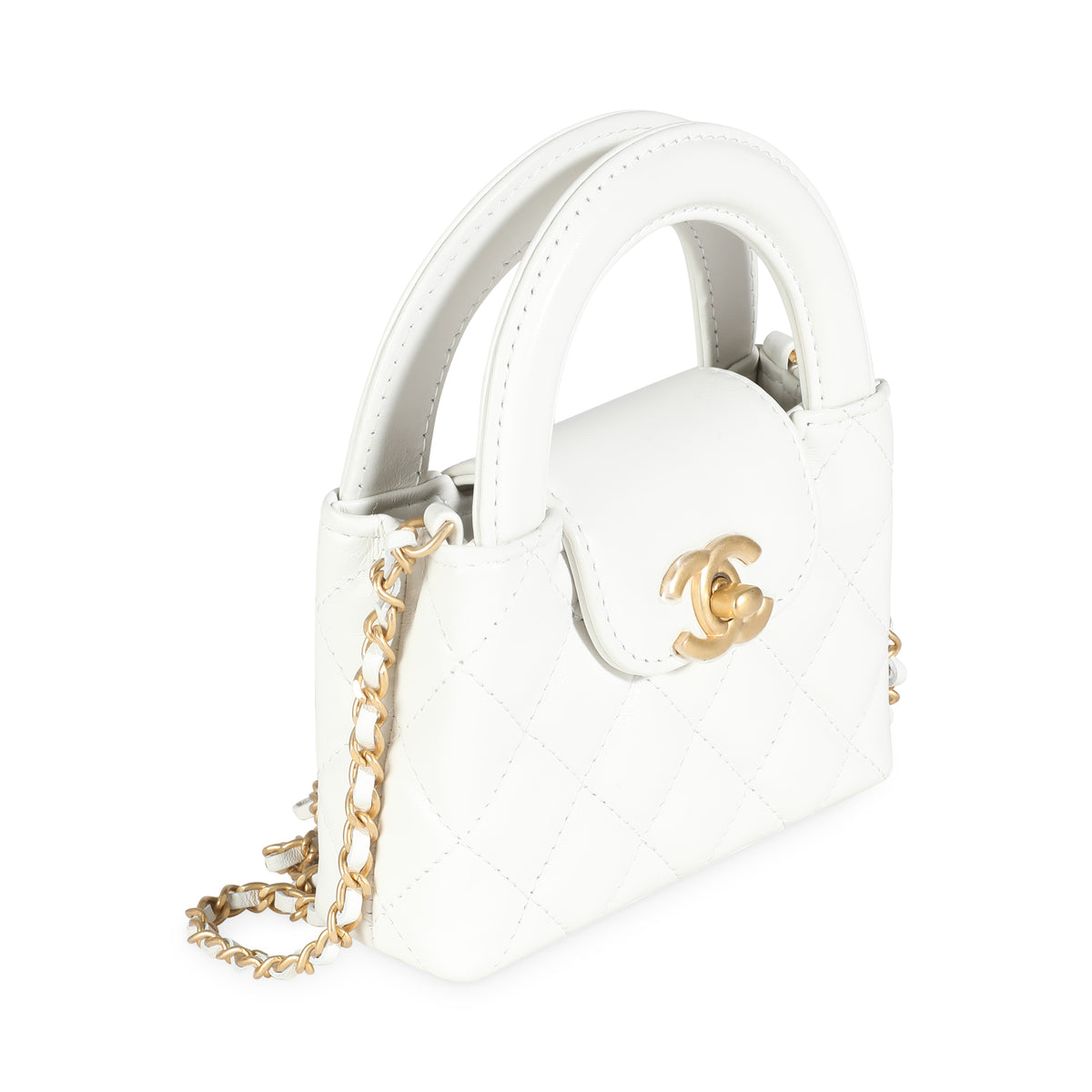 White Shiny Aged Quilted Calfskin Mini Nano Kelly Shopper