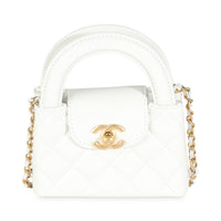 White Shiny Aged Quilted Calfskin Mini Nano Kelly Shopper