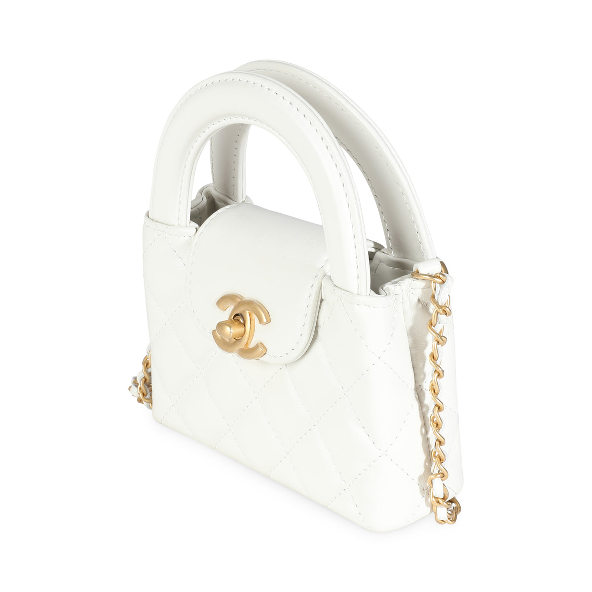 White Shiny Aged Quilted Calfskin Mini Nano Kelly Shopper