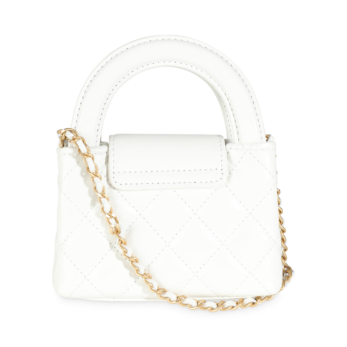 White Shiny Aged Quilted Calfskin Mini Nano Kelly Shopper