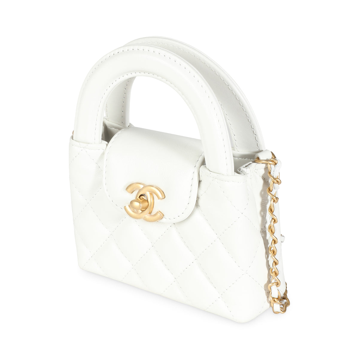 White Shiny Aged Quilted Calfskin Mini Nano Kelly Shopper