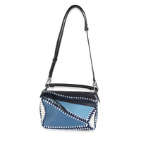 Blue White Tricolour Calfskin Crochet Trim Small Puzzle Bag