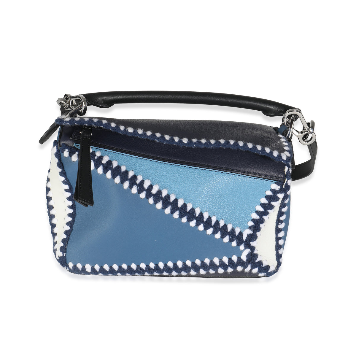 Blue White Tricolour Calfskin Crochet Trim Small Puzzle Bag