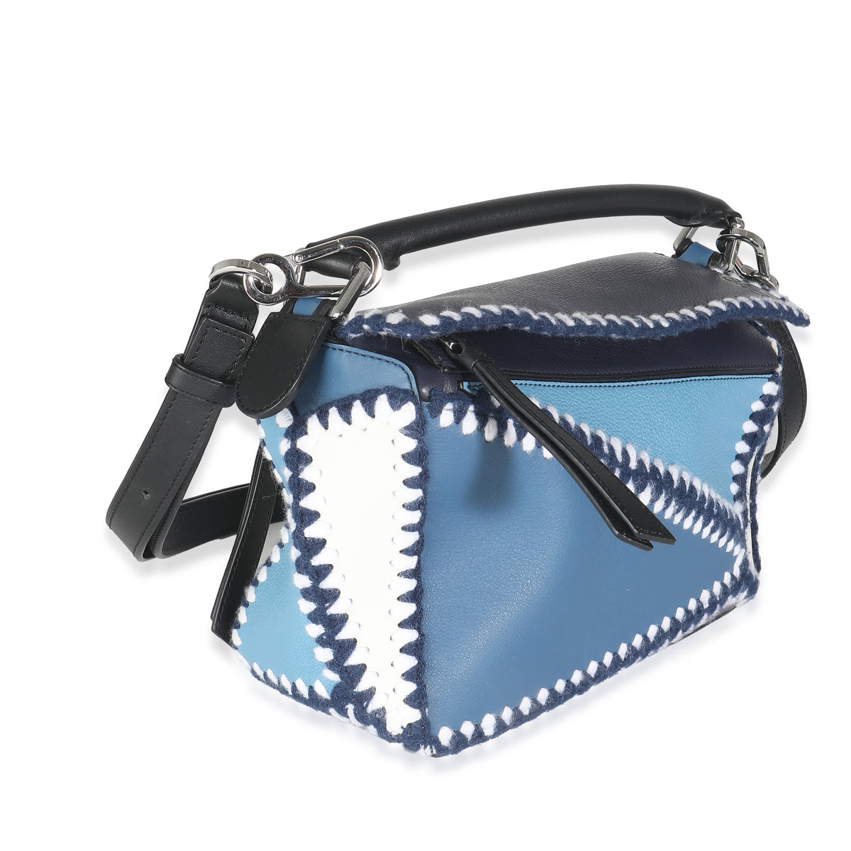 Blue White Tricolour Calfskin Crochet Trim Small Puzzle Bag