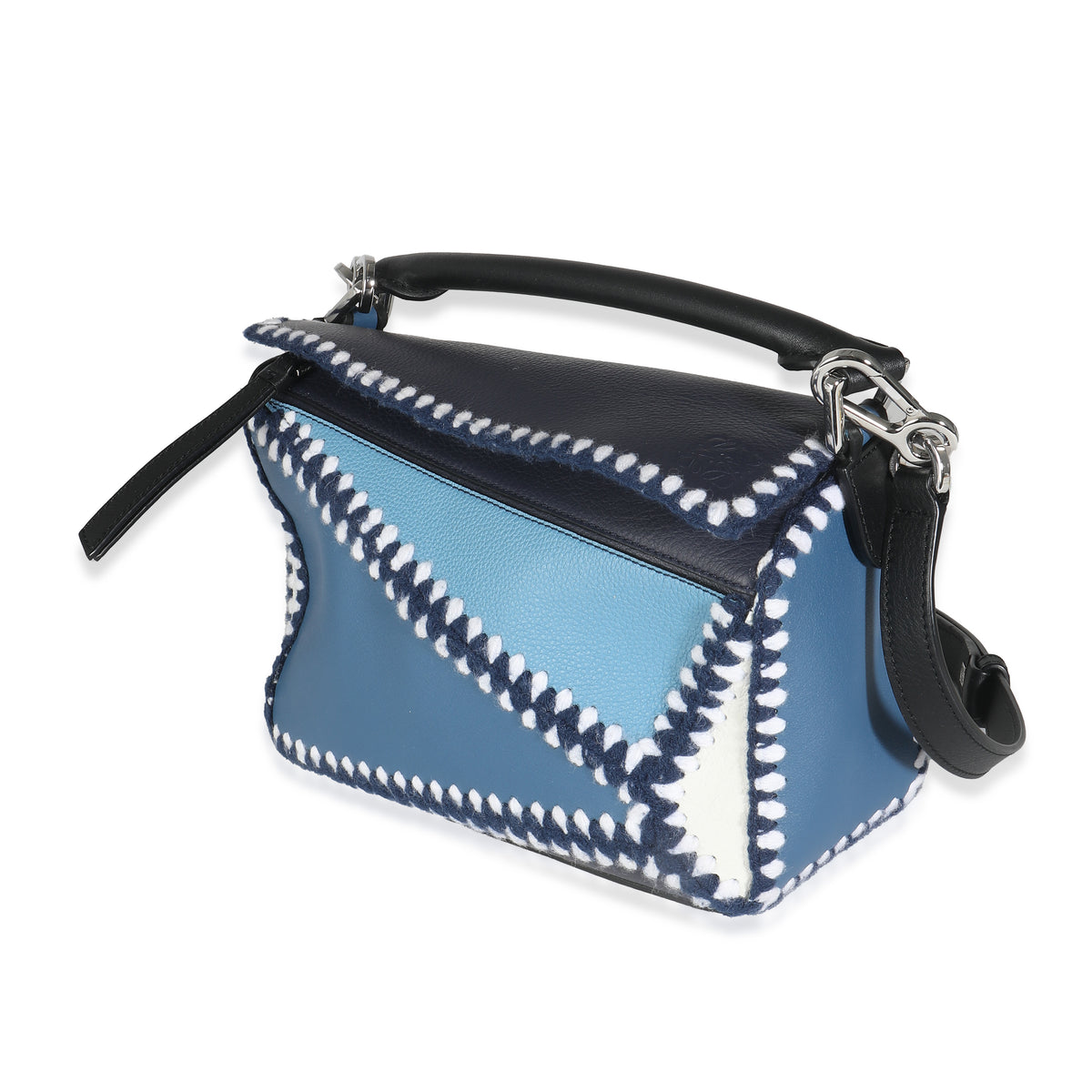 Blue White Tricolour Calfskin Crochet Trim Small Puzzle Bag