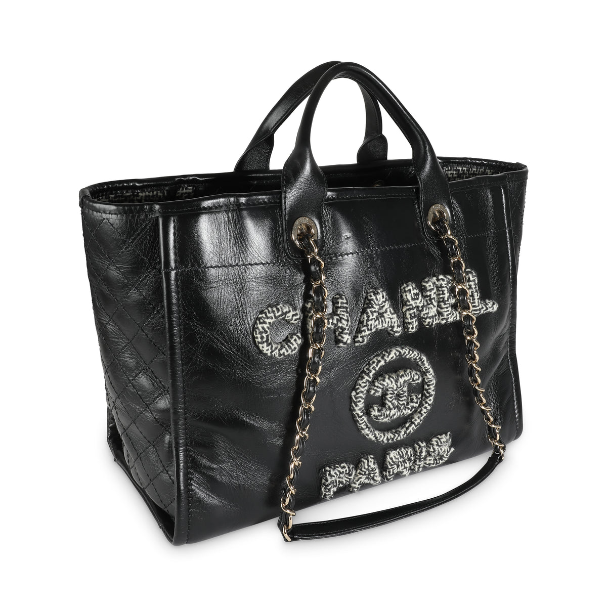 Black Glazed Calfskin Tweed Large Deauville Tote