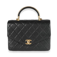 Black Quilted Calfskin Gold Top Handle Envelope Flap Bag