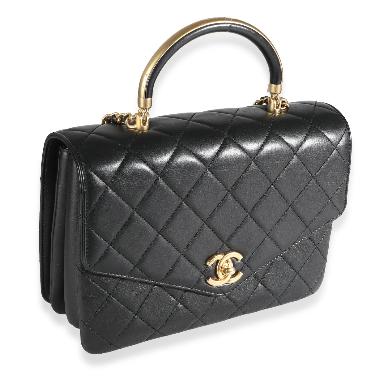 Black Quilted Calfskin Gold Top Handle Envelope Flap Bag