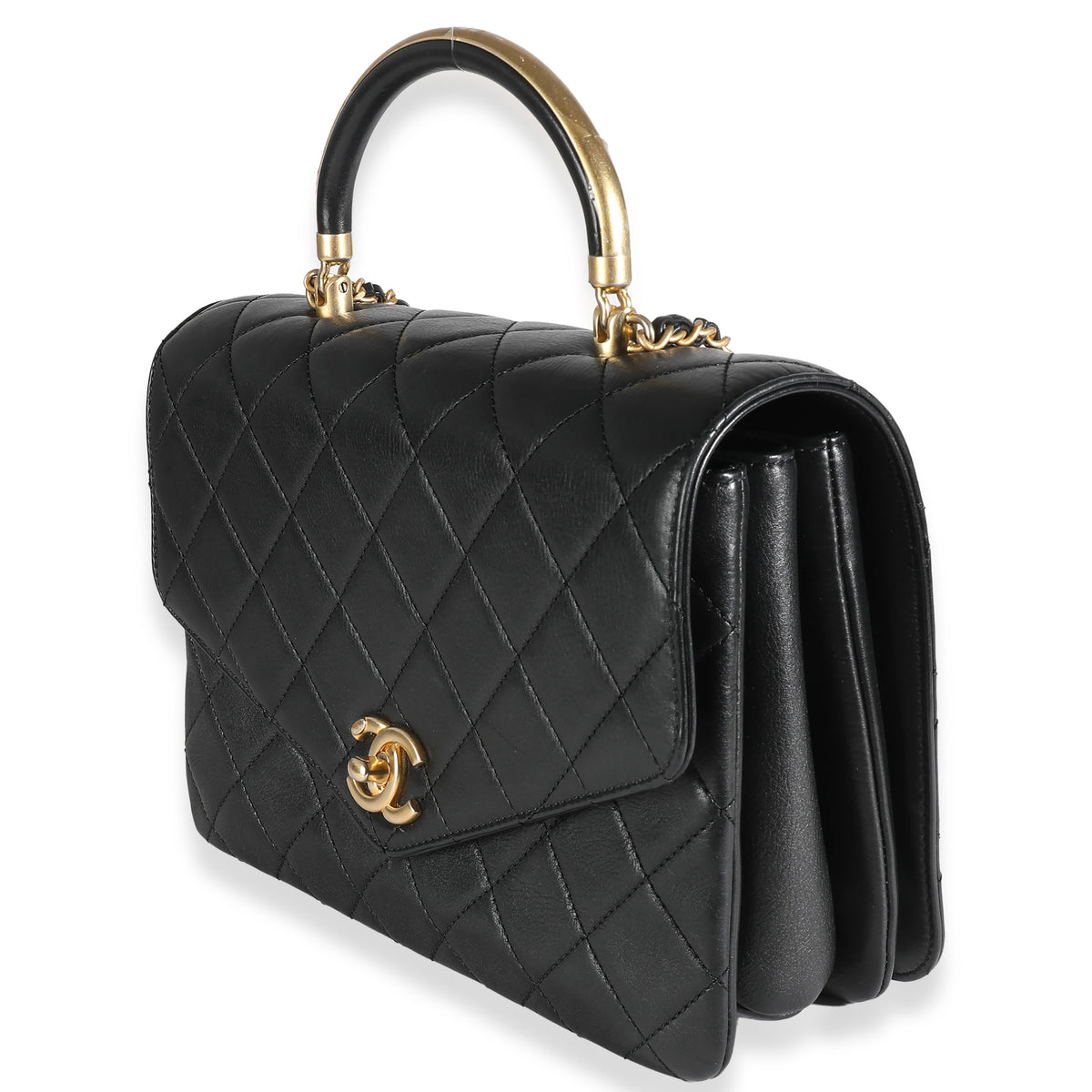 Black Quilted Calfskin Gold Top Handle Envelope Flap Bag