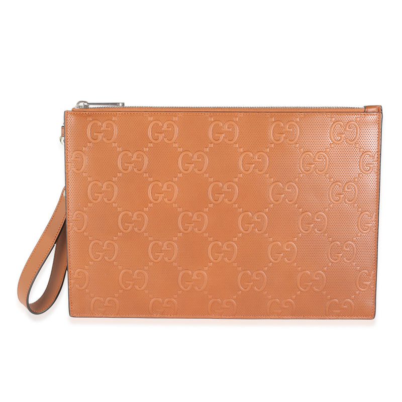 Brown Leather Jumbo GG Embossed Wristlet Pouch