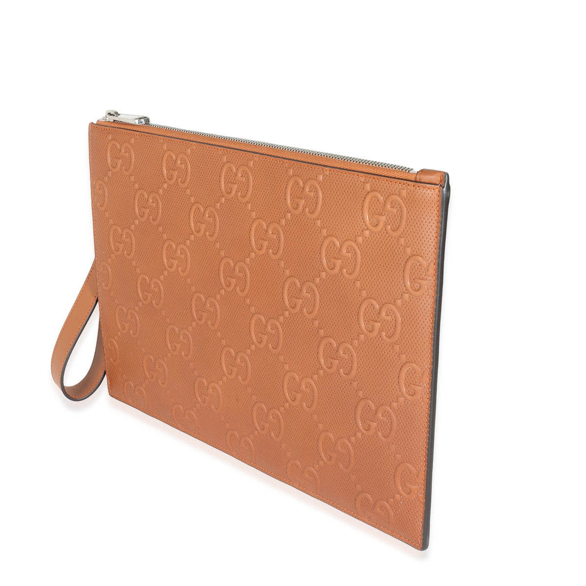 Brown Leather Jumbo GG Embossed Wristlet Pouch