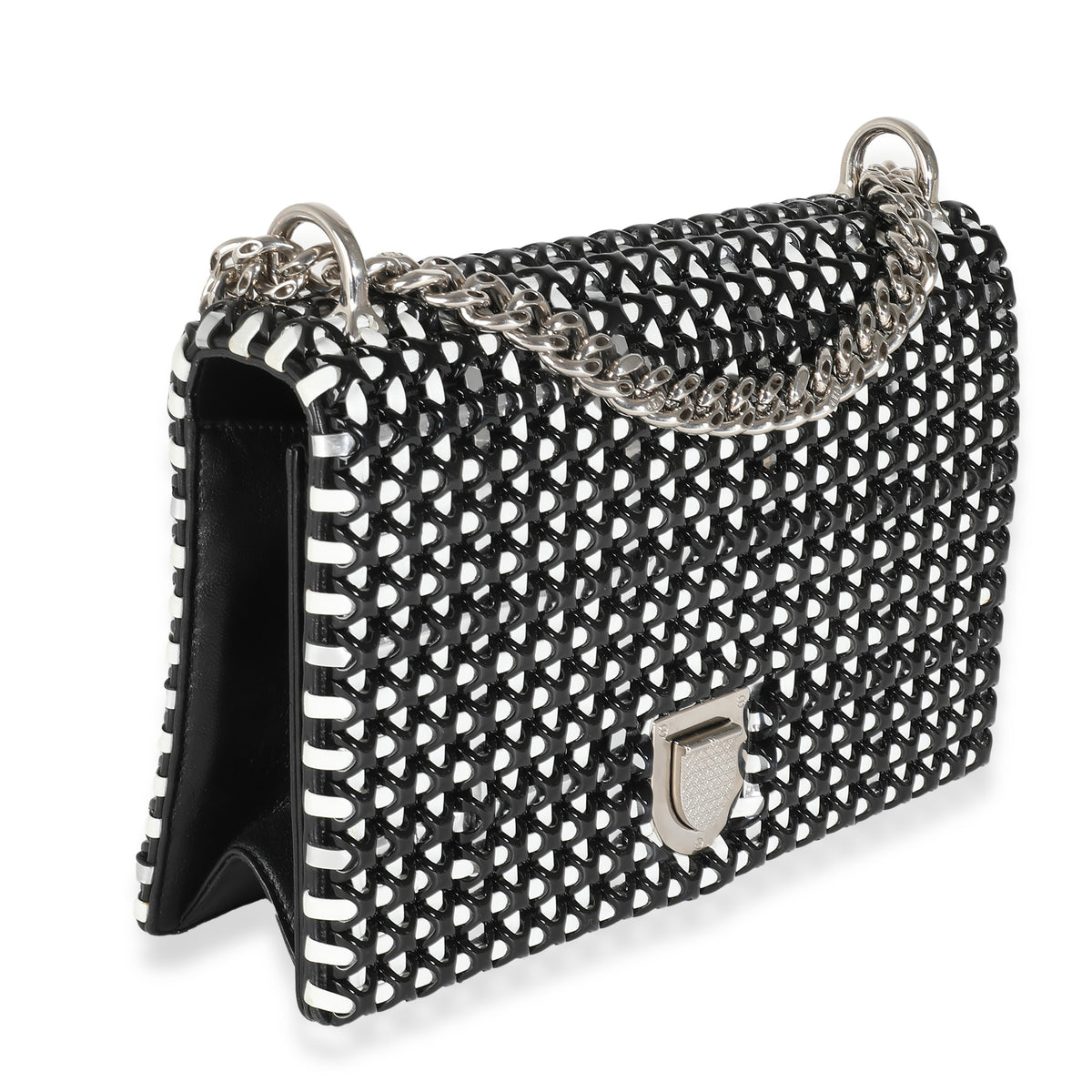 Black White Leather Woven Medium Diorama Flap Bag