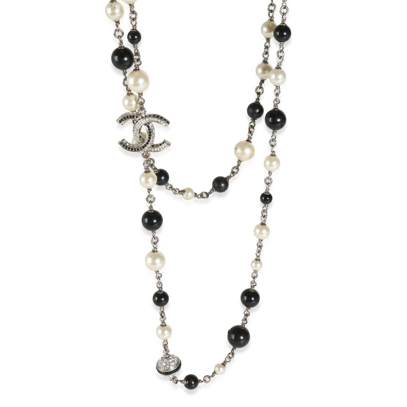 2018 Black & White Faux Pearl Long Necklace With Strass CC Palladium Plat