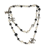 2018 Black & White Faux Pearl Long Necklace With Strass CC Palladium Plat