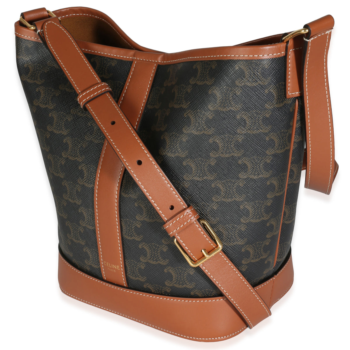 Tan Calfskin Triomphe Canvas Small Bucket Bag