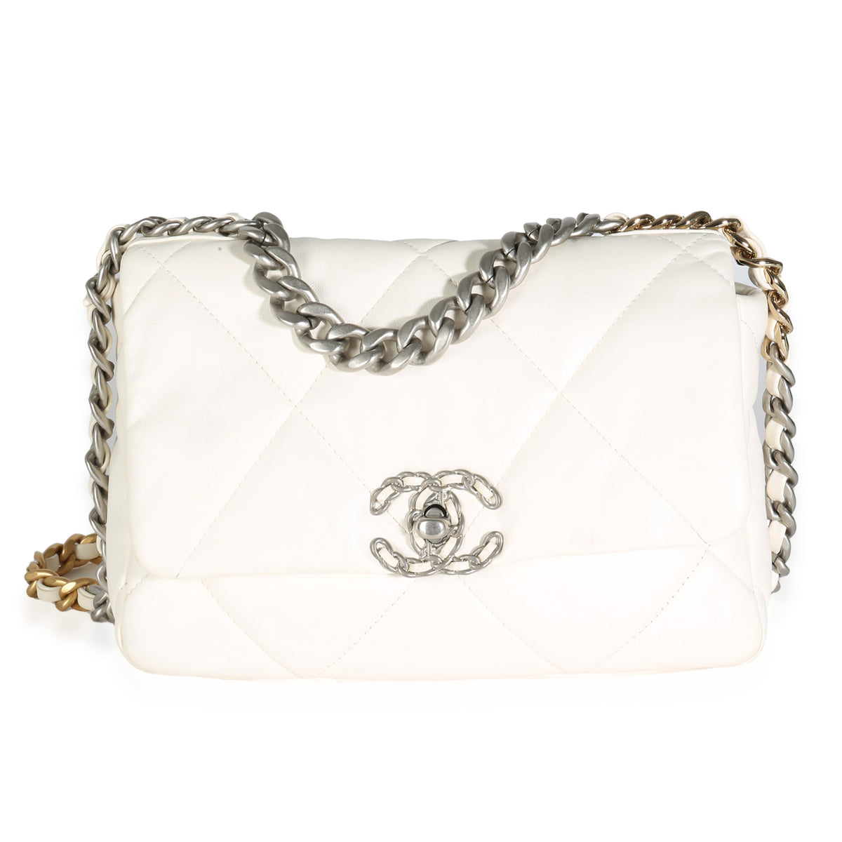 Chanel White Quilted Lambskin Small  19 Flap Bag Handbag fv