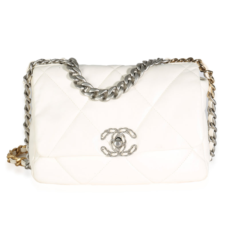Chanel White Quilted Lambskin Small  19 Flap Bag Handbag fv