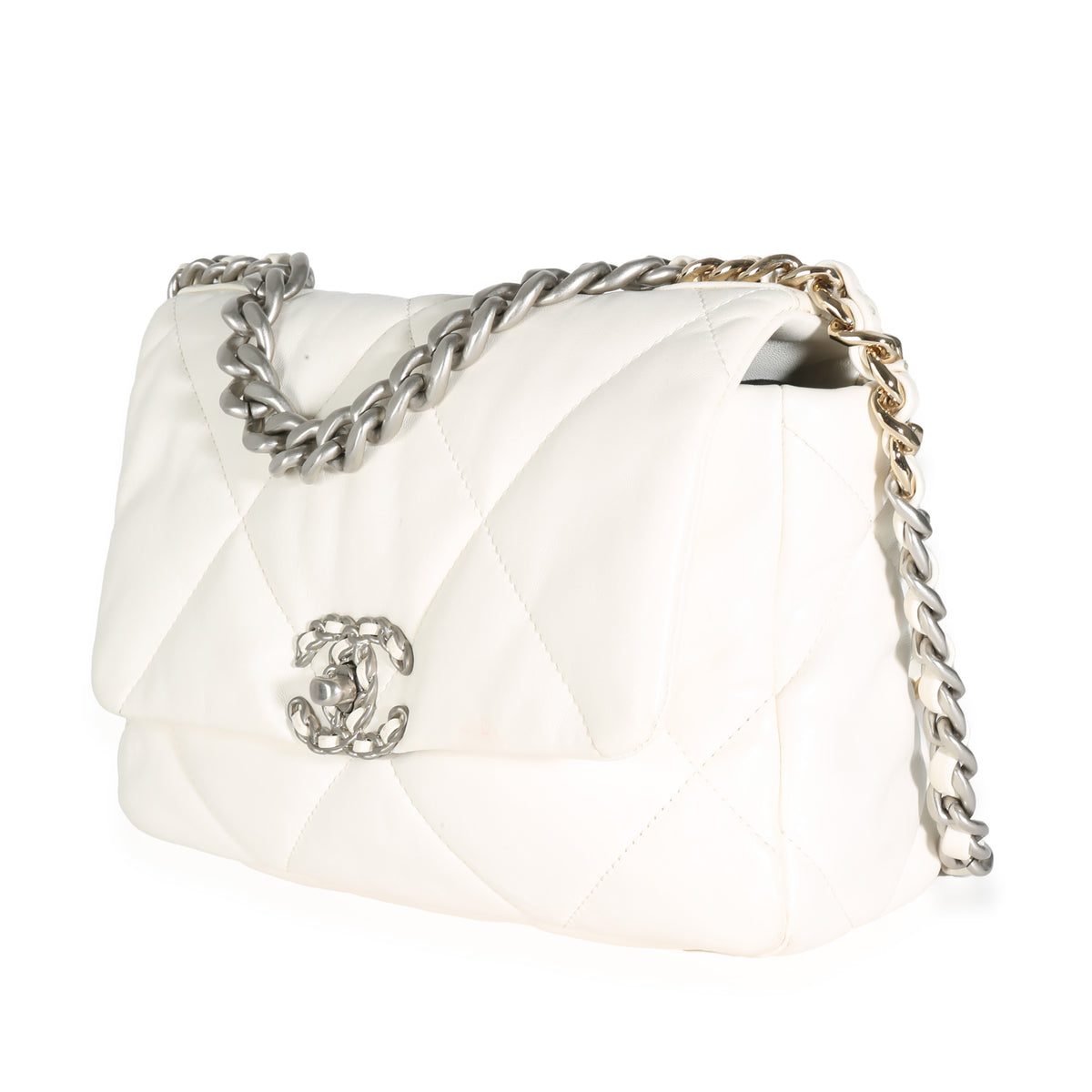 Chanel White Quilted Lambskin Small  19 Flap Bag Handbag sv