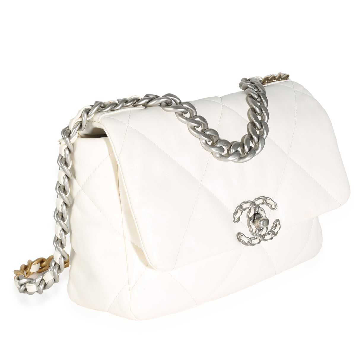 White Quilted Lambskin Small Chanel 19 Flap Bag