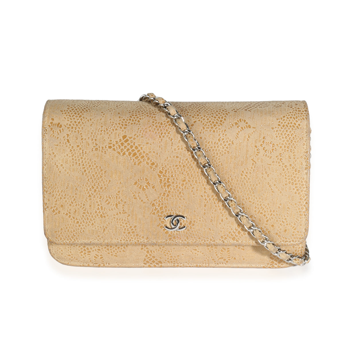 Chanel Beige Suede Lace Over Wallet On Chain Handbag fv