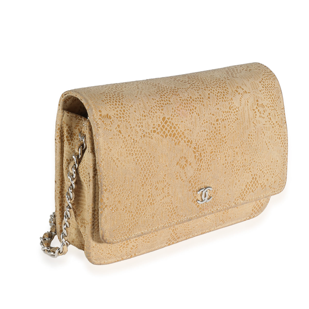 Chanel Beige Suede Lace Over Wallet On Chain Handbag pv