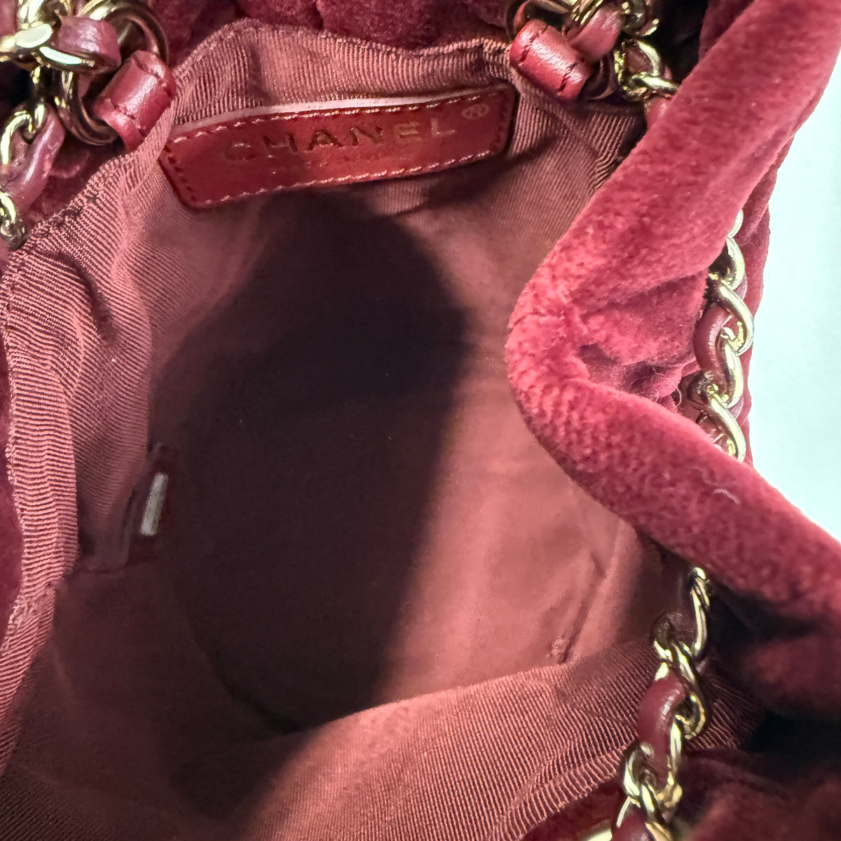 Burgundy Quilted Velvet CC Pearl Crush Bucket Bag