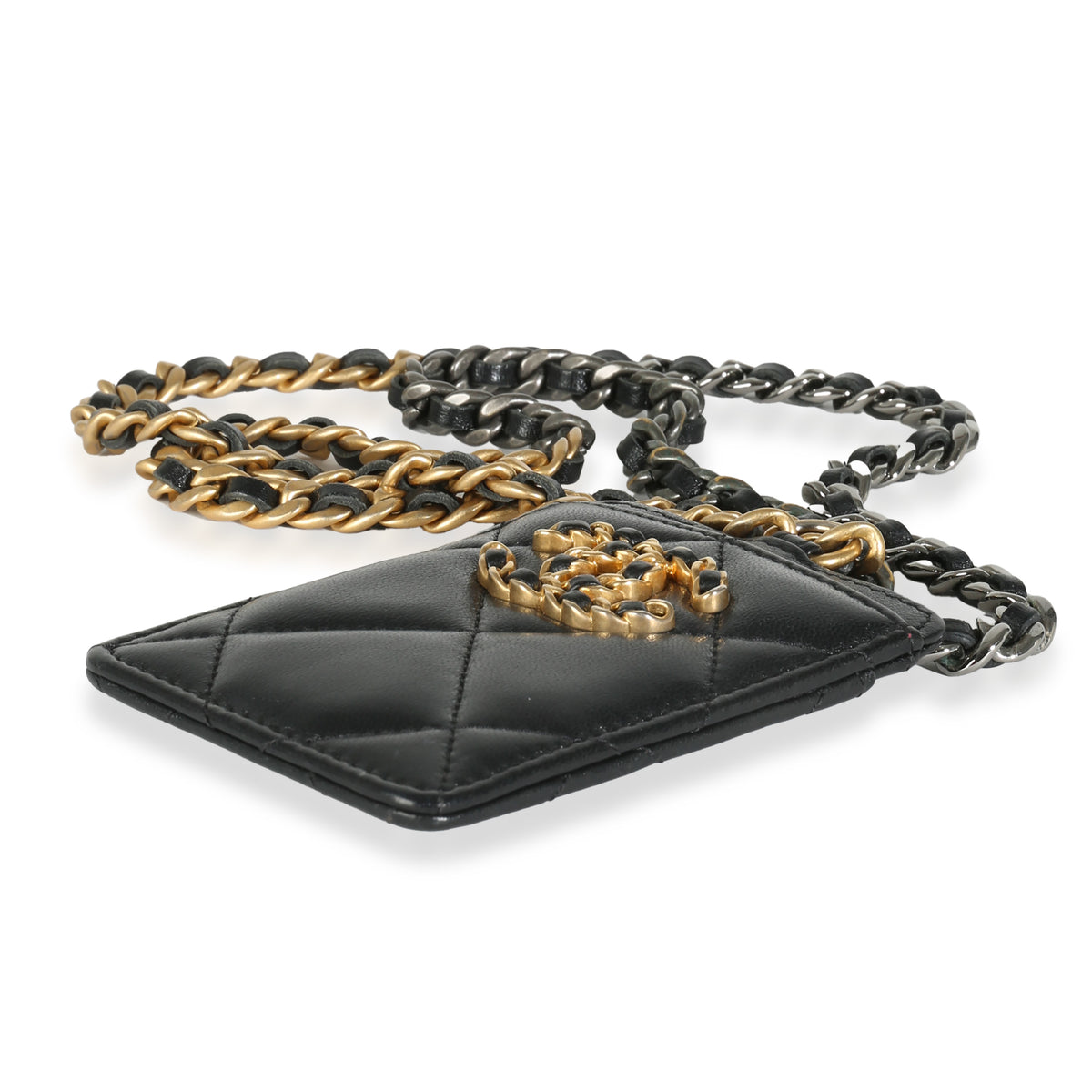 Black Quilted Goatskin Chanel 19 Card Holder On Chain